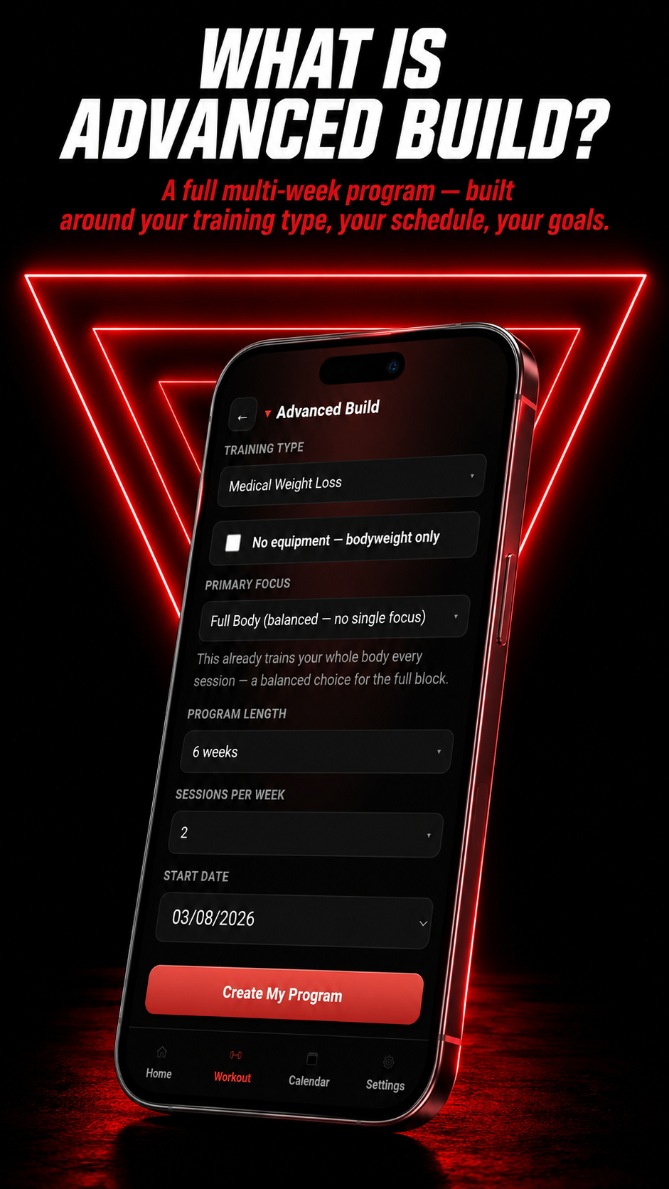 GYMSET+ Advanced Build screen: choose training type, focus, programme length, sessions per week and start date to create a full multi-week programme
