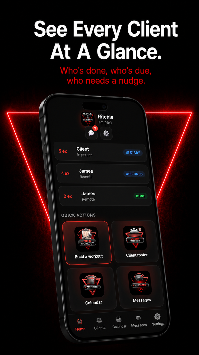 PT Pro home screen — see every client at a glance, who's done, due or needs a nudge