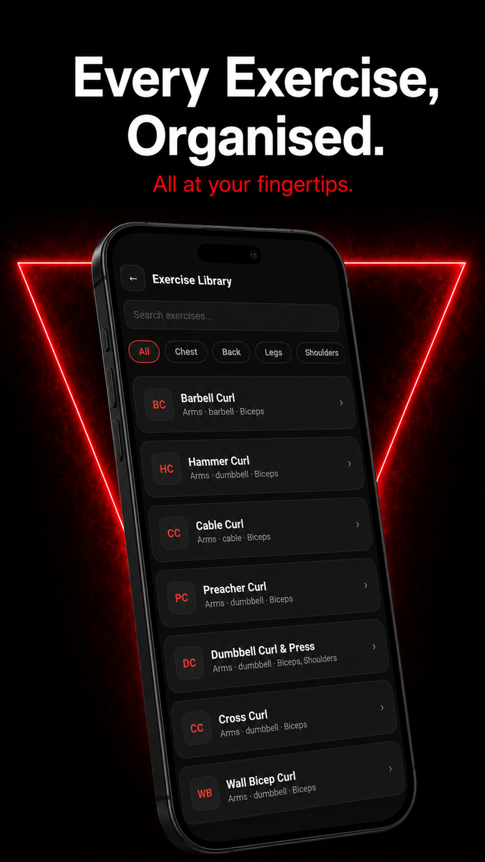 Full exercise library, organised and searchable